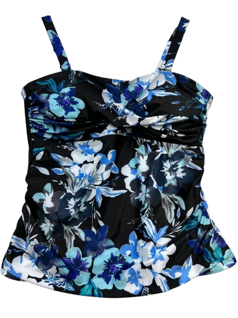 Island Waves Women's Swimwear Tankini Top Sleeveless Size 2X Black Blue Floral
